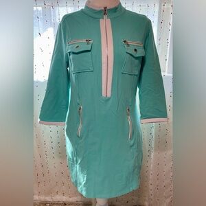Boston Proper Shift Dress Turquoise Athleisure Chic Zip Front Resort Large